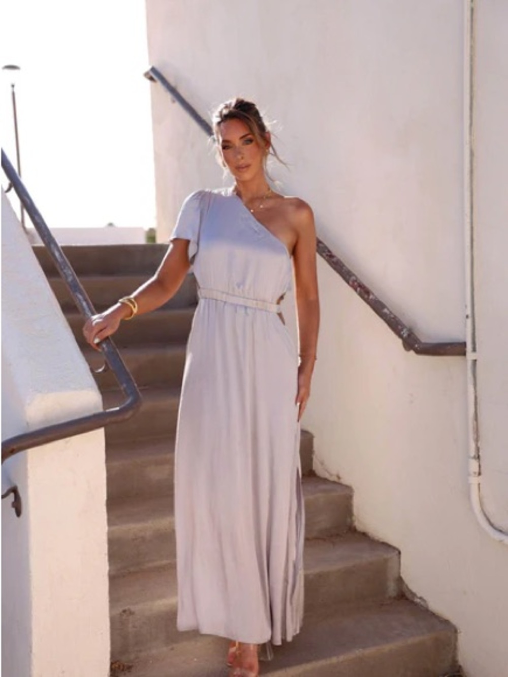 Promesa One-Shoulder Light Gray Maxi Dress